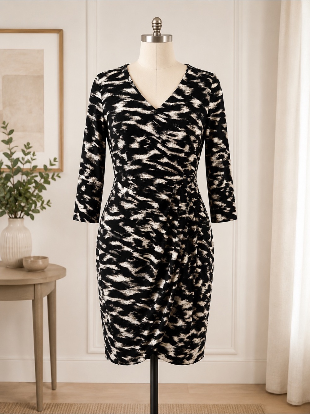 Calvin Klein Black and Cream V-Neck Long Sleeve Dress